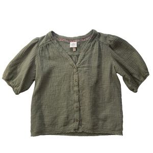 Knox Rose Cotton Gauze Button Front Puff Sleeve Top Size M Olive Green